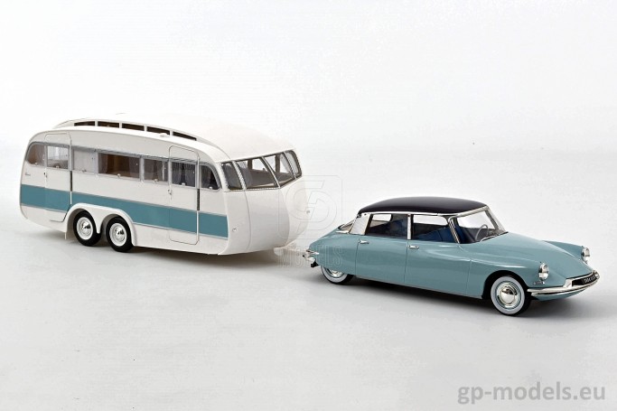 diecast classic model car Citroen DS 19 (1959) with Henon caravan, scale 1:18, Norev 181760, 3551091817604